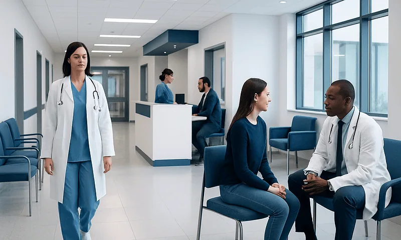Medical consultation in a modern hospital waiting area with doctors and patients.
