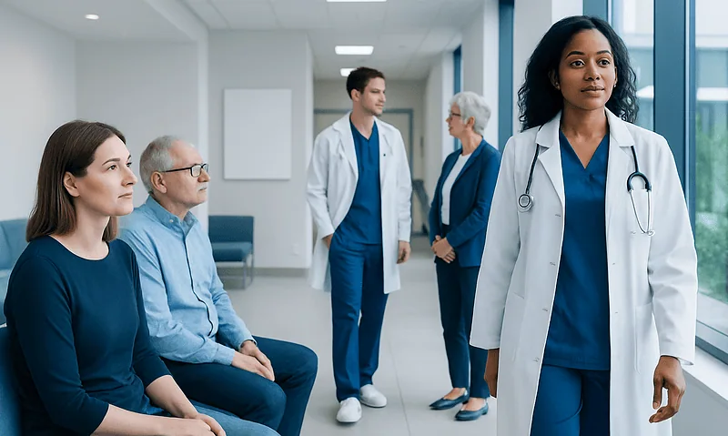 Healthcare professionals and patients in a hospital corridor.