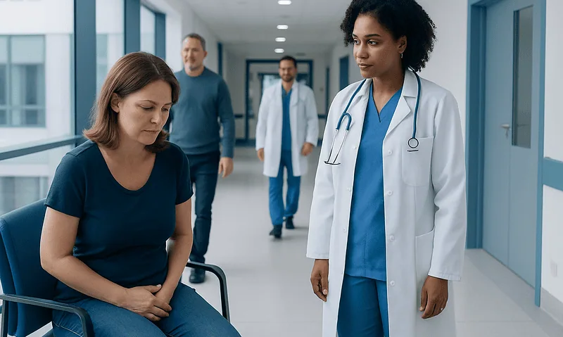 Doctor talking to a patient in a hospital corridor.