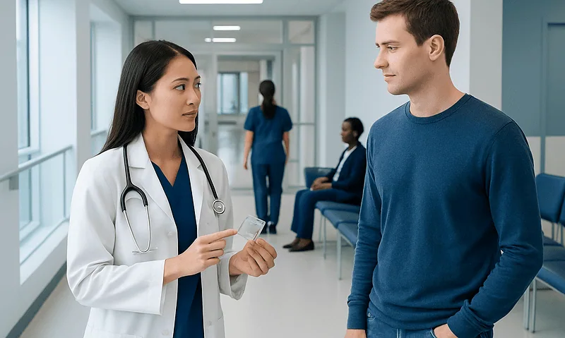 Doctor explaining condom use to a patient in a hospital corridor.