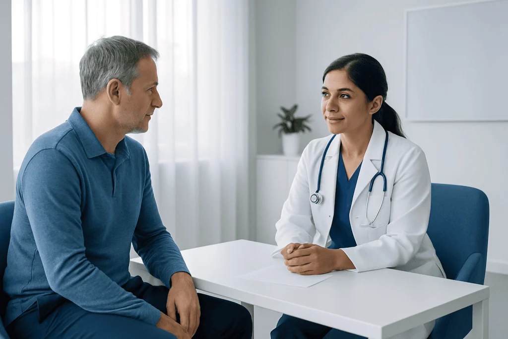 Doctor consulting with a male patient in a modern hospital room.