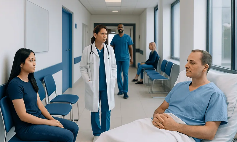 Medical consultation in hospital corridor with doctor and patients.