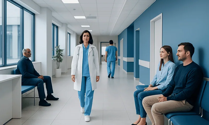Healthcare professionals and patients in a modern hospital corridor.