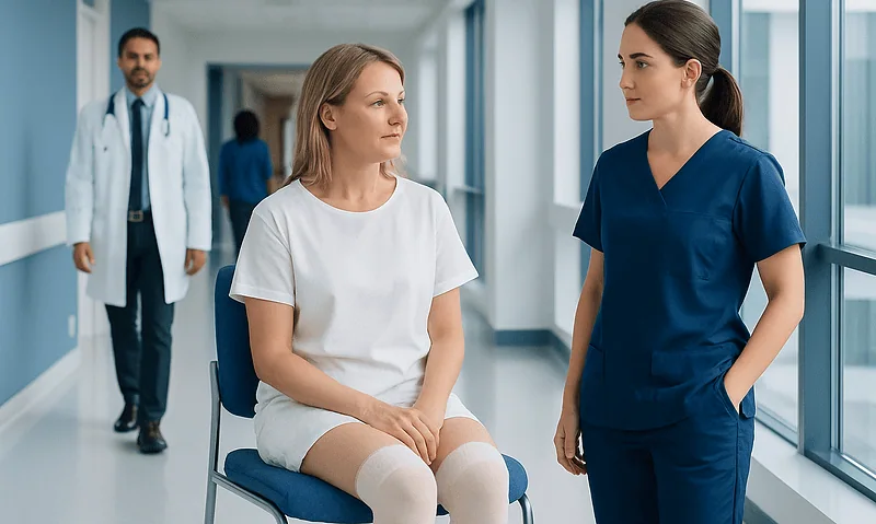 Patient consulting with nurse in hospital corridor for DVT treatment.