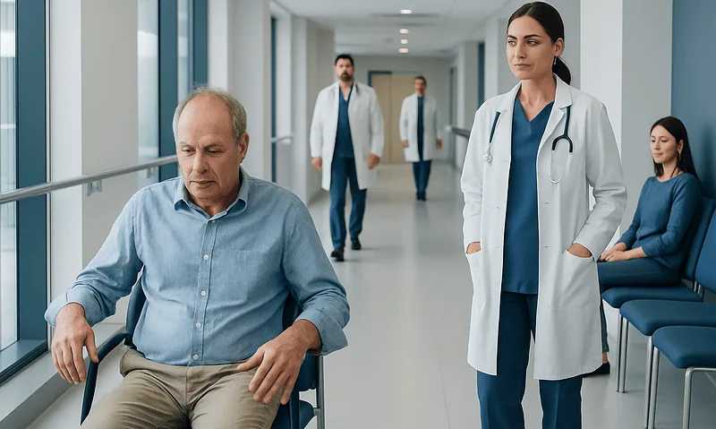 Doctor consulting elderly patient in hospital corridor.