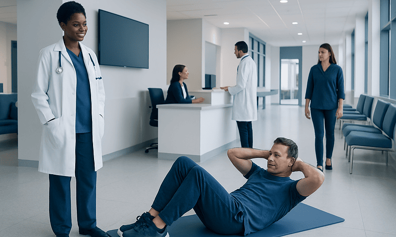 Patient doing abdominal exercises in hospital corridor with medical staff nearby.