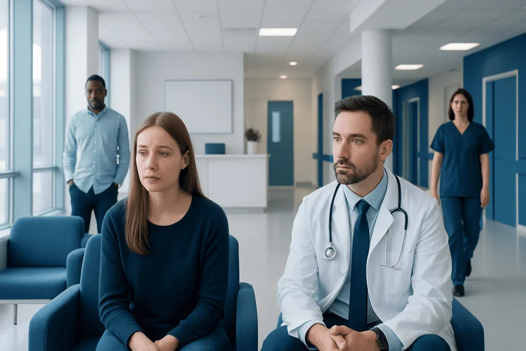 Emotional Triggers: An Evidence-Based Guide for Patients 1 Patient and doctor in a hospital waiting area with staff in the background.