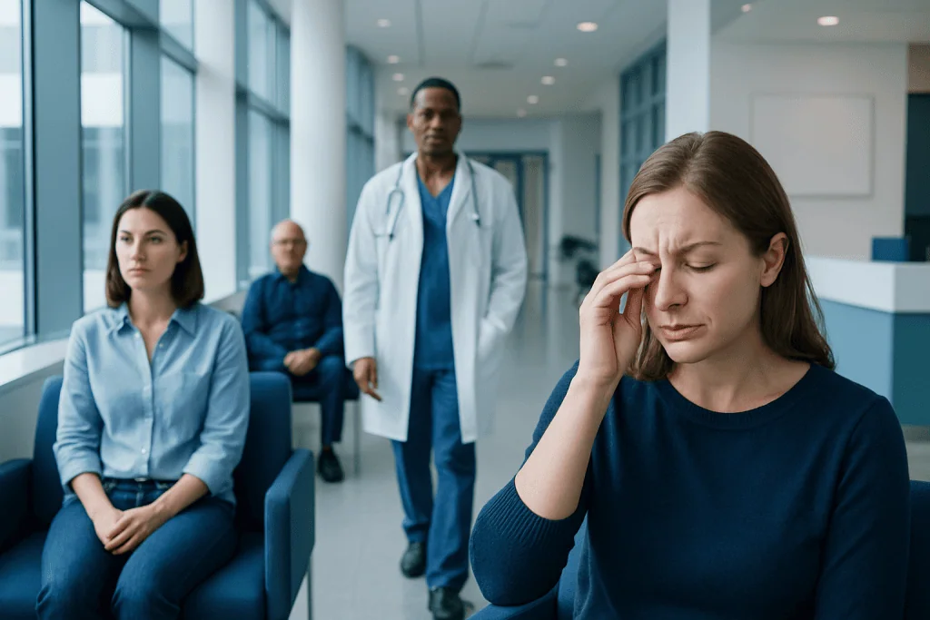 Eye Cold Symptoms Explained: Common Triggers and Red Flags 1 Woman with headache in hospital waiting area with medical staff nearby.
