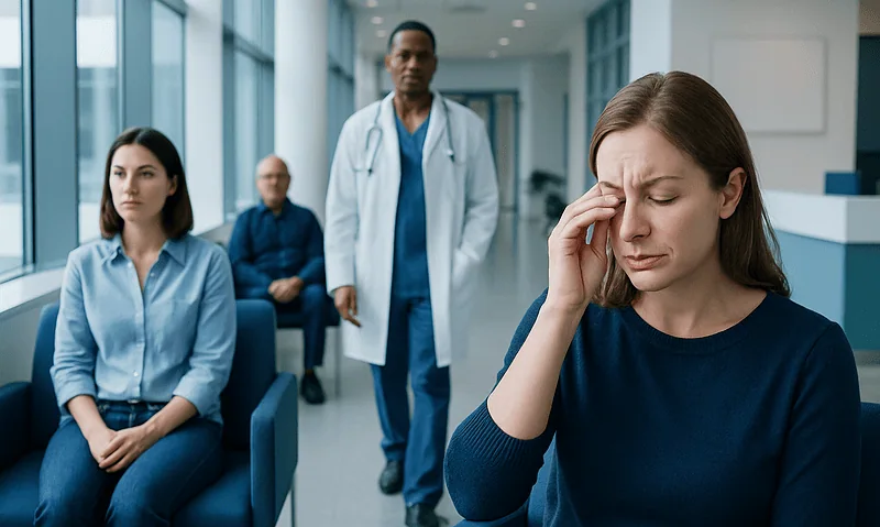 Woman with headache in hospital waiting area with medical staff nearby.