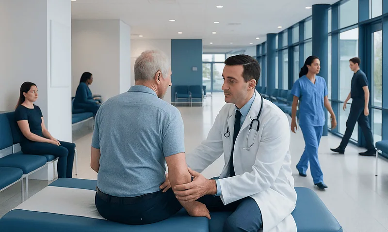 Facet Injections — Explained by Medical Evidence, Not Myths 9 Doctor examining elderly patient in hospital corridor with staff in background.