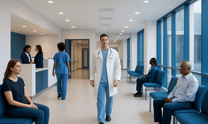 Medical professionals and patients in a modern hospital corridor.