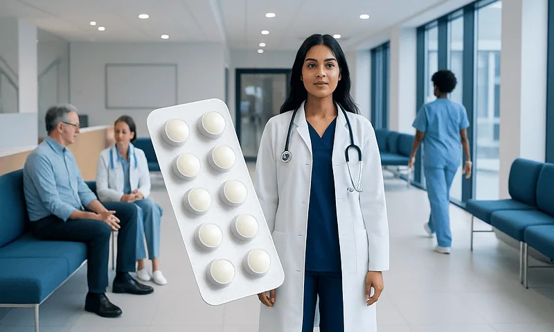 Female doctor holding a blister pack of pills in a hospital corridor.