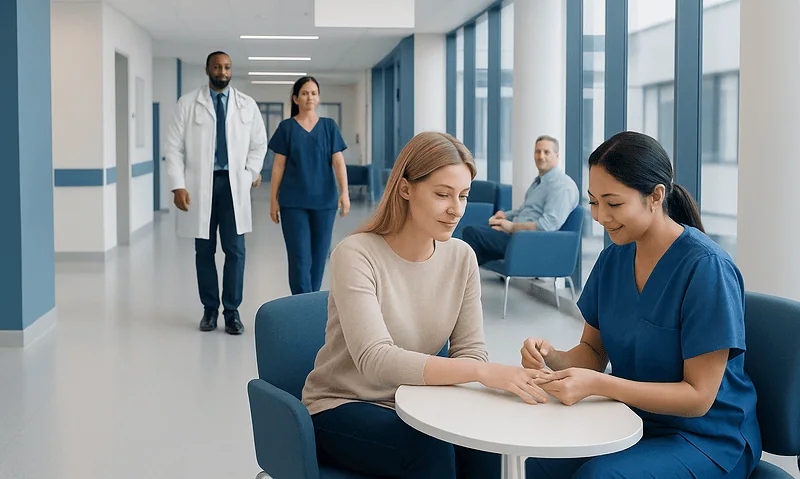 Medical professionals and patient in a hospital corridor.