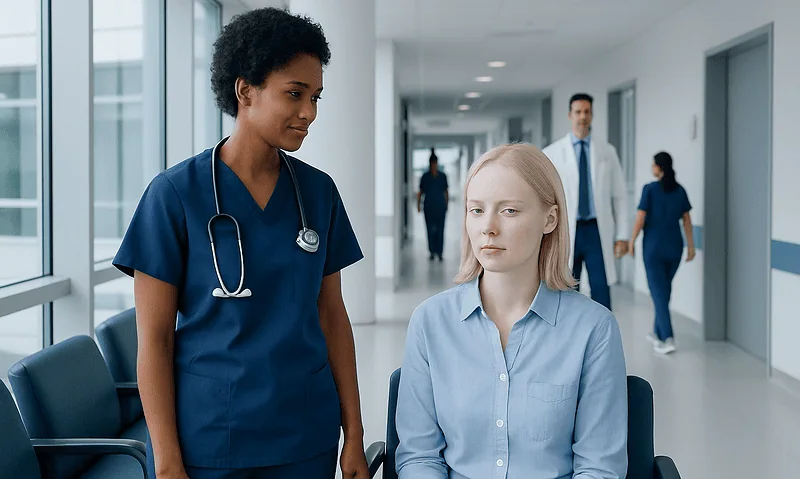 Nurse talking to patient in hospital corridor.