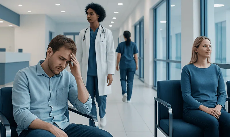 Patient experiencing headache in hospital corridor with medical staff nearby.