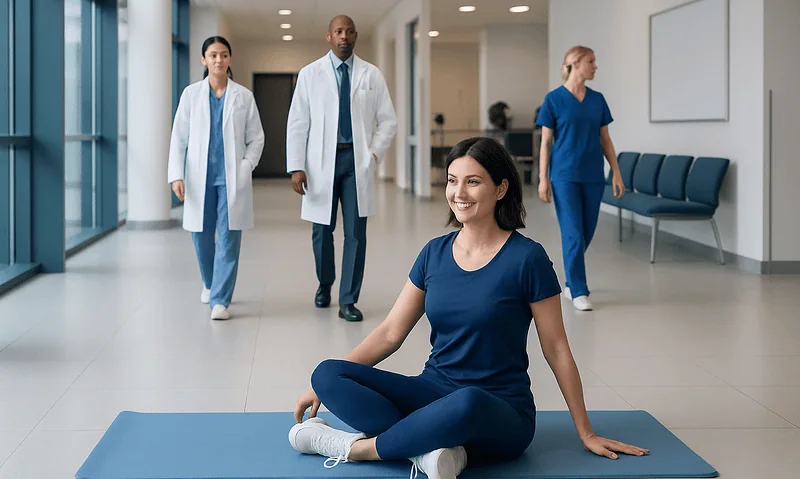 Medical professionals and a patient in a hospital corridor, woman practicing yoga.