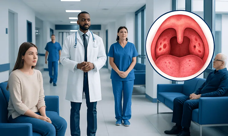 Medical consultation on tonsil health with an inset image of inflamed tonsils.