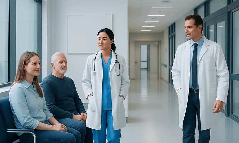 Doctors consulting with patients in a modern hospital corridor.