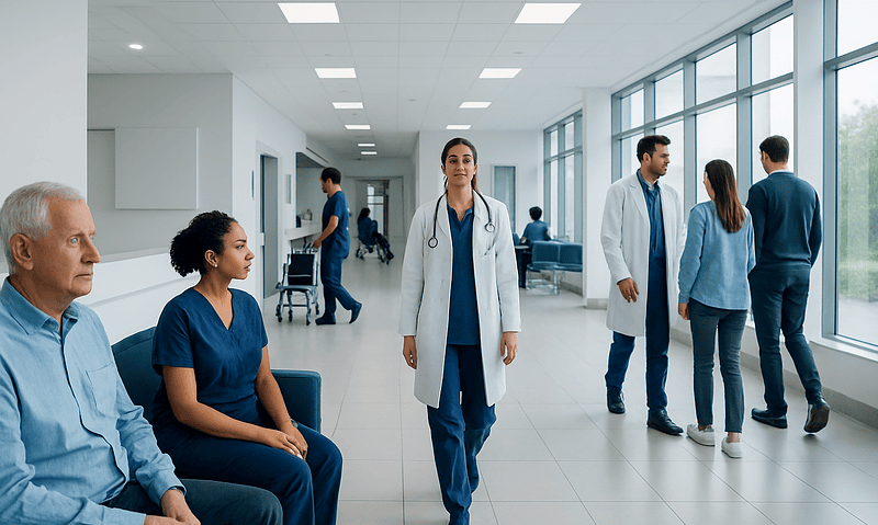 Medical professionals and patients in a hospital corridor at Acibadem Hospitals Group.