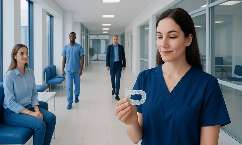 Dental professional holding Invisalign aligner in a hospital corridor.