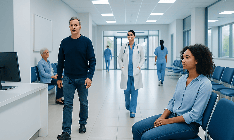 Hospital corridor with medical staff and patients in a modern healthcare facility.