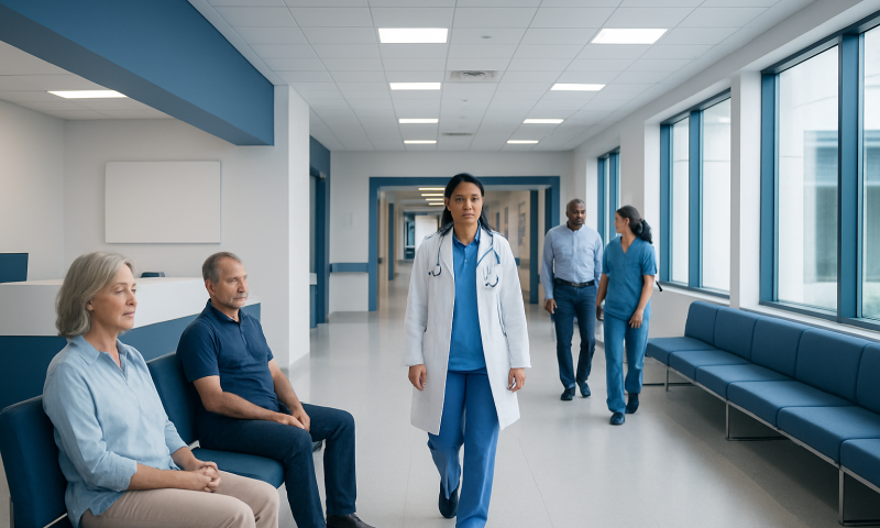 Healthcare professionals and patients in a hospital corridor at Acibadem Hospitals Group.