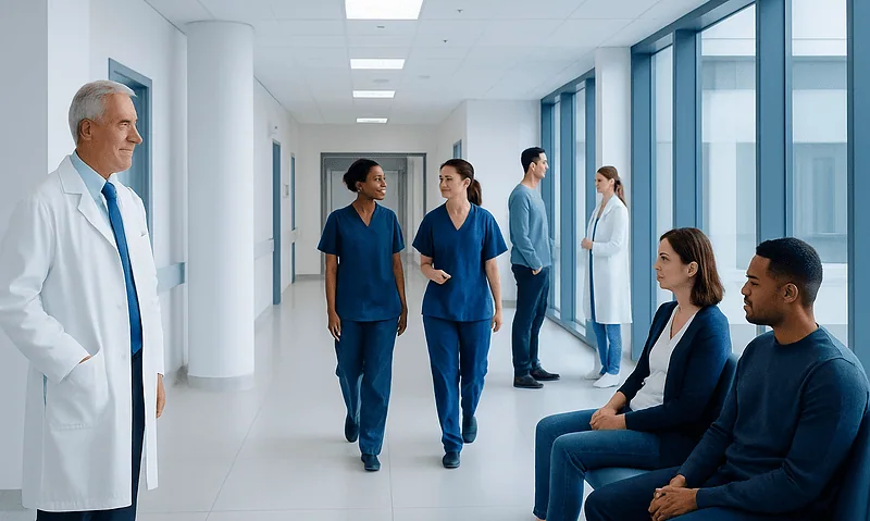 Medical team and doctor in hospital corridor with patients waiting.
