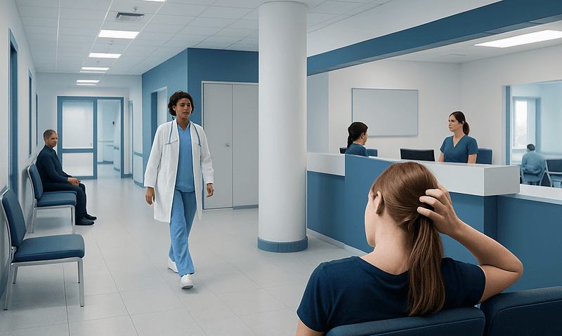 Health Library 16 Modern hospital corridor with medical staff and patients in a clean environment.