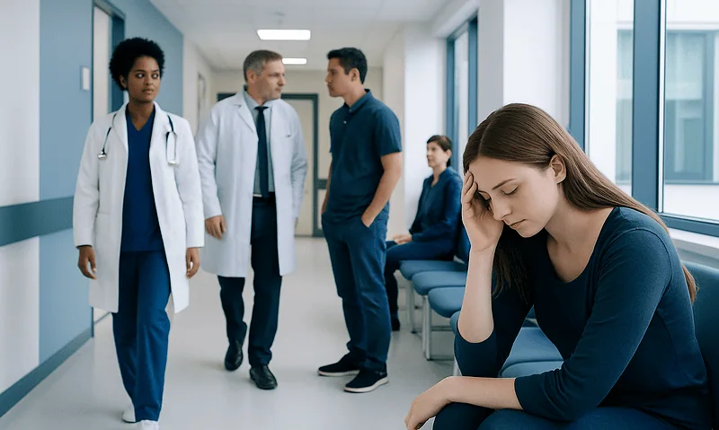 Young woman distressed in hospital corridor with medical staff nearby.