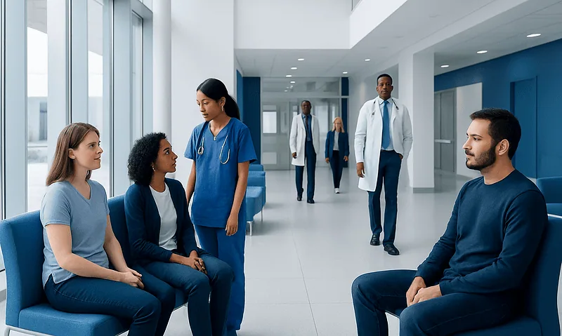 Medical team consulting patients in a modern hospital corridor.
