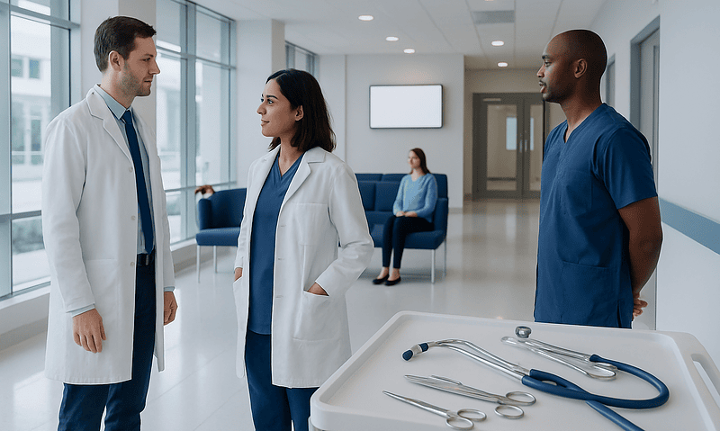 Medical team discussing patient care in a modern hospital corridor.