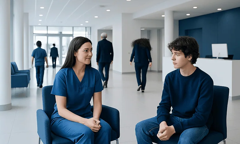 Teenager talking to a healthcare professional in a hospital lobby.