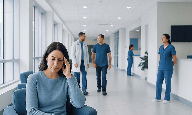 Patient experiencing headache in hospital corridor with medical staff nearby.