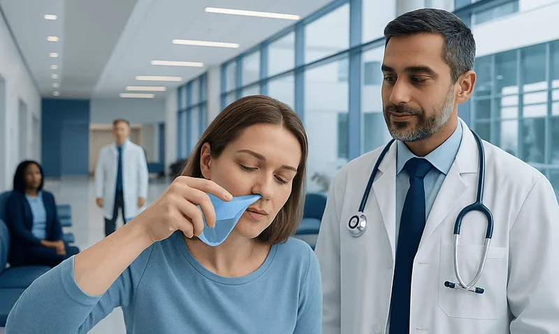 Patient performing nasal saline rinse with medical supervision in hospital.