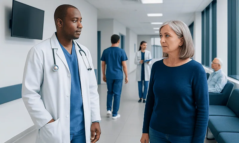 Doctor and patient having a consultation in a hospital corridor.