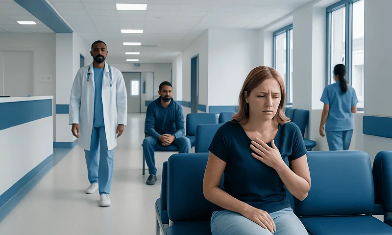 Patient experiencing chest discomfort in hospital waiting area with medical staff nearby.