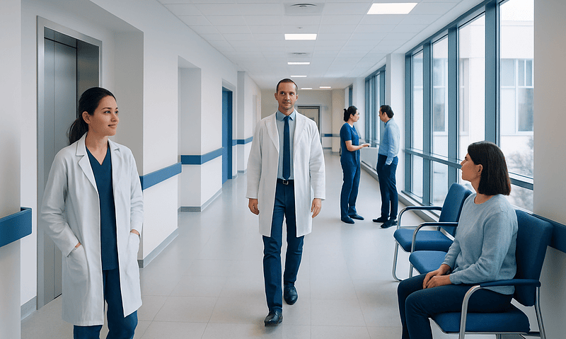 Medical professionals and patients in a modern hospital corridor.