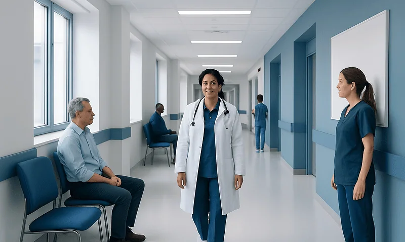 Healthcare professionals and patients in a modern hospital corridor.