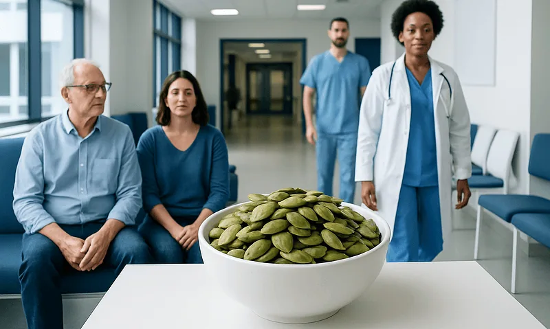 Medical professionals and patients in a hospital waiting area with a bowl of pumpkin seeds.