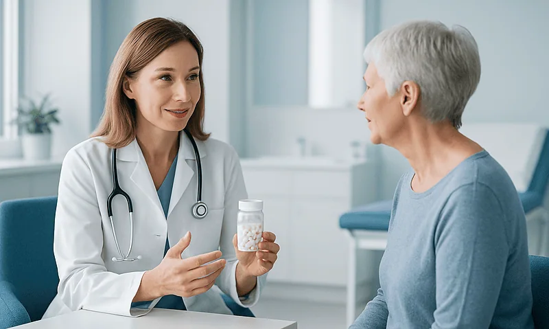 Doctor explaining probiotics to an elderly patient in a clinic setting.