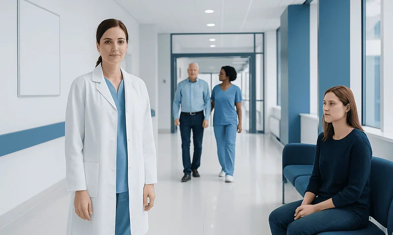 Healthcare professionals and patient in a modern hospital corridor.
