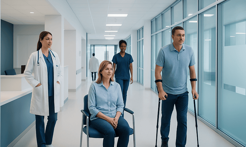 Hospital corridor with patients and medical staff in a modern healthcare facility.
