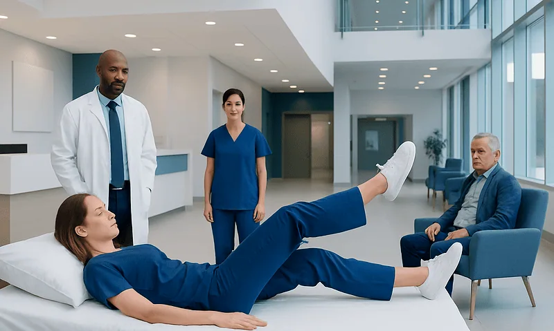 Patient performing leg exercises with medical staff in hospital setting.