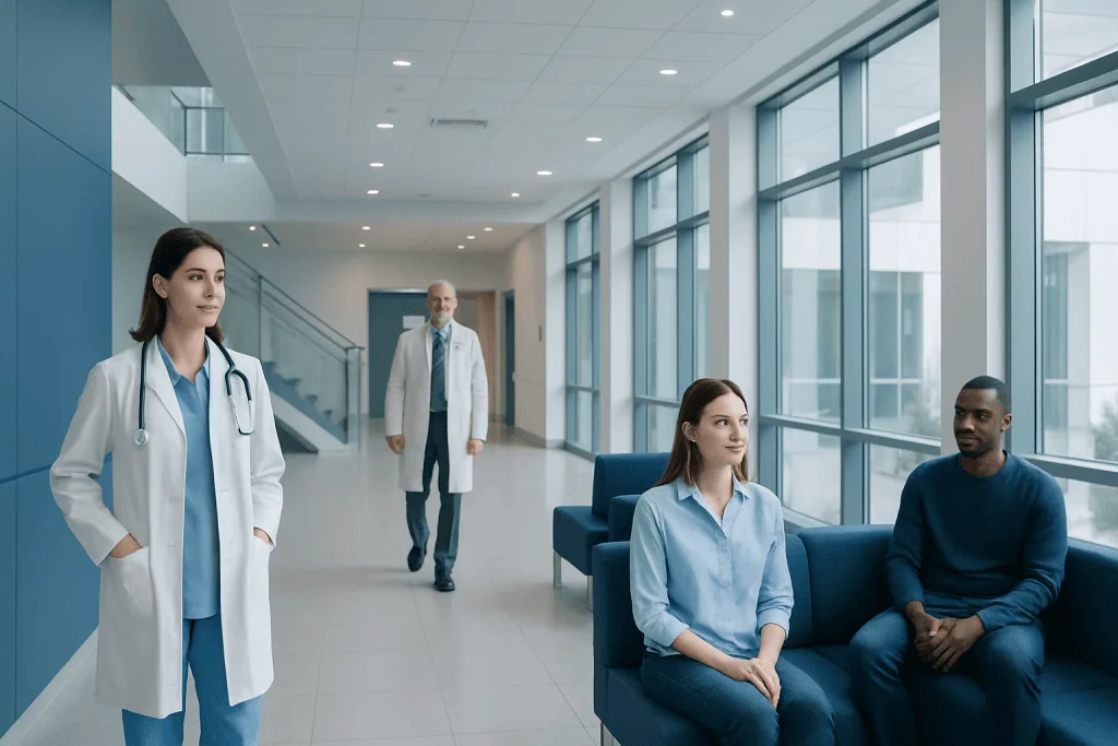 Shirataki Noodles Nutrition, Benefits, and Tolerance 1 Medical professionals and patient in a modern hospital corridor.