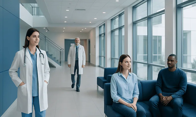 Medical professionals and patient in a modern hospital corridor.