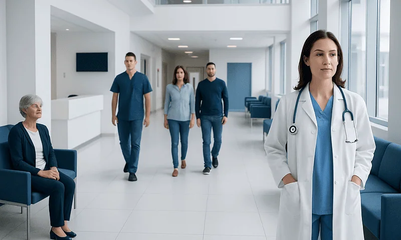Medical team walking in hospital corridor with doctor in foreground.