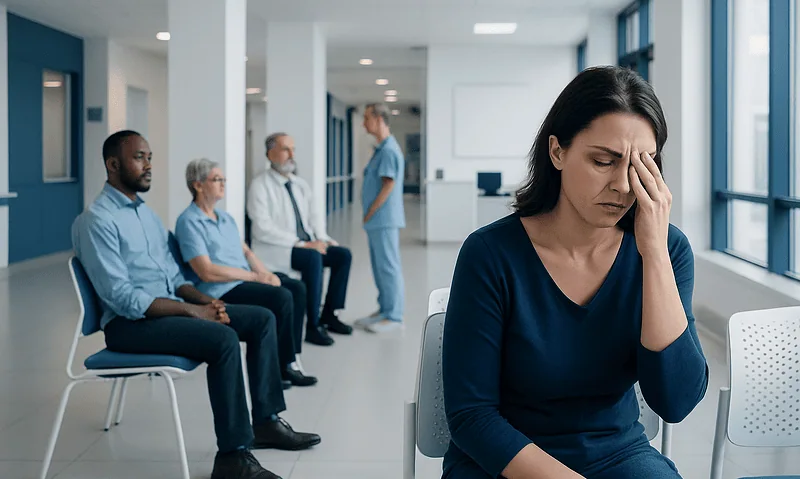 Woman with sore eyes at a medical consultation in a hospital waiting area.
