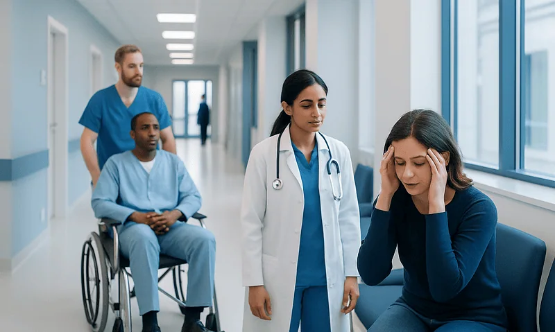 Hospital staff attending to a distressed woman in a medical corridor.