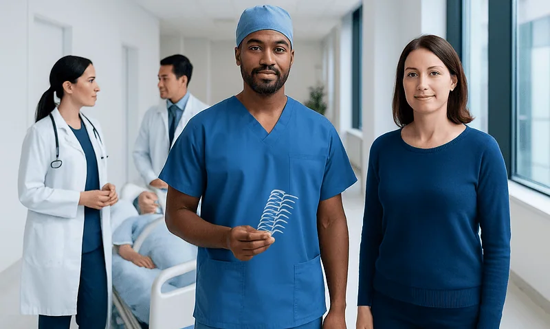 Medical team with surgical staples in hospital corridor.