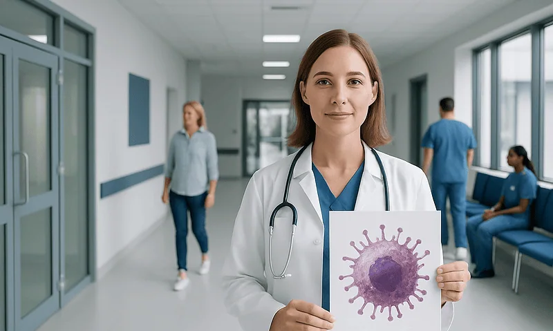 Female doctor holding a virus illustration in hospital corridor.